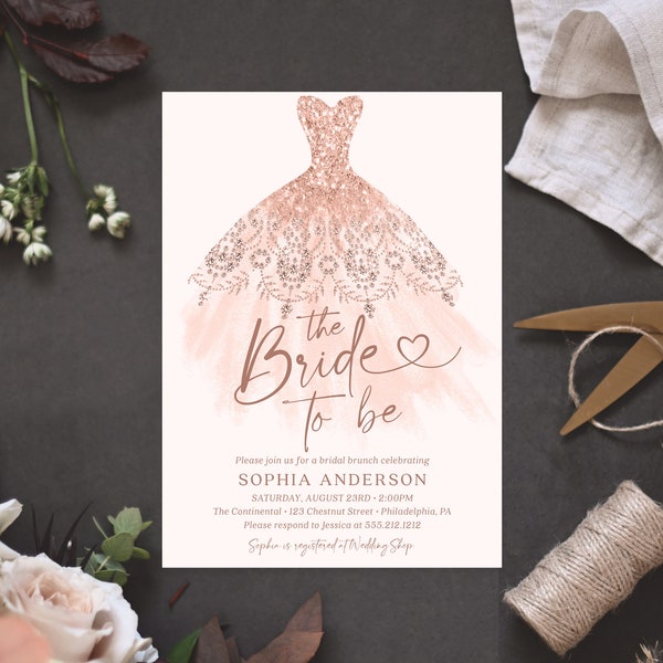 Modèle d'invitation pour la douche nuptiale, robe de mariée, invitation pour le brunch de la mariée, imprimable éditable, téléchargement, future mariée, voici la mariée, coeur