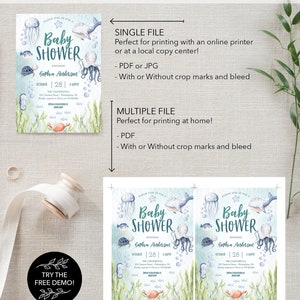 May include: A blue and green baby shower invitation with an octopus, whale, jellyfish, and seahorse. The text reads "Please join us for a Baby Shower honouring Sophia Anderson, October 28 | 3:00PM, The Continental, 213 Chestnut Street, Philadelphia, PA".