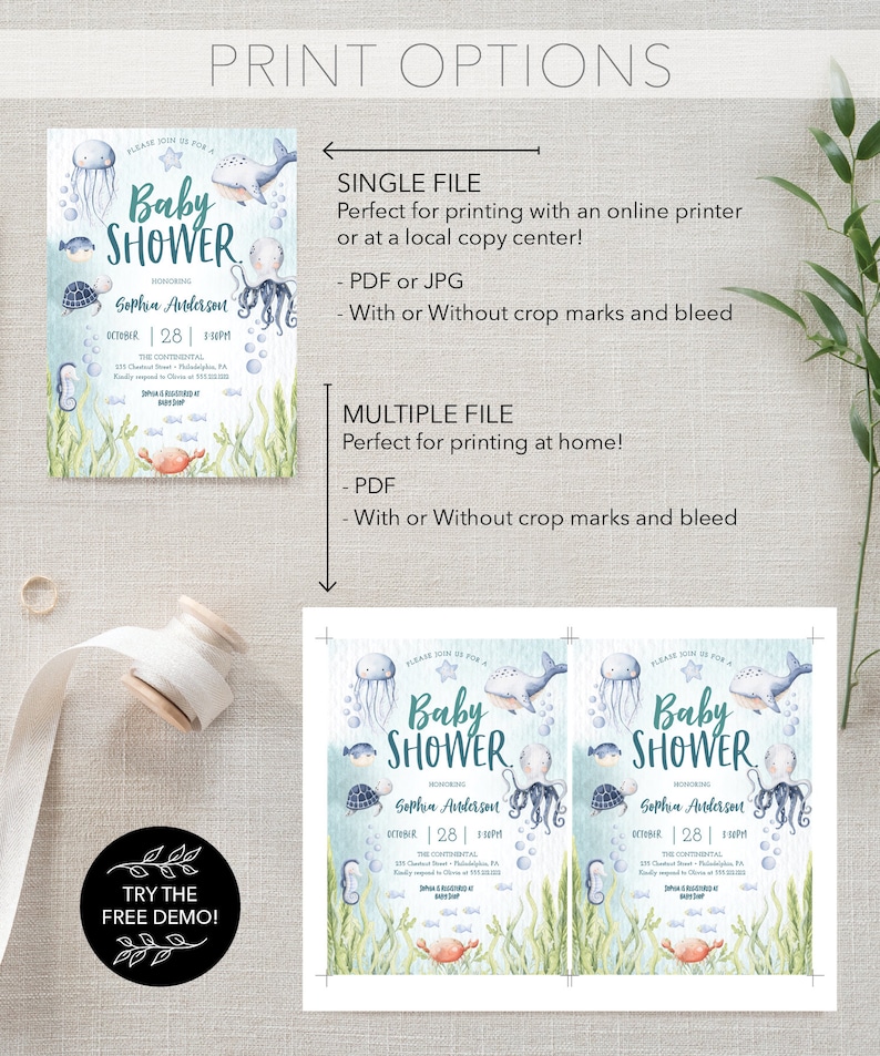May include: A blue and green baby shower invitation with an octopus, whale, jellyfish, and seahorse. The text reads "Please join us for a Baby Shower honouring Sophia Anderson, October 28 | 3:00PM, The Continental, 213 Chestnut Street, Philadelphia, PA".