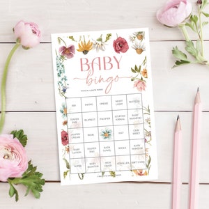 Bingo pour baby shower, champ de fleurs sauvages, 60 feuilles de jeu uniques, jeux de baby shower, baby shower bohème, téléchargement immédiat, baby shower, fleurs