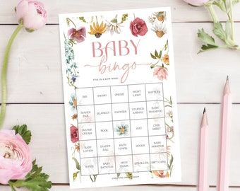 Wildflower Field Baby Shower Bingo, 60 Unique Game Sheets, Baby Shower Games, Boho Baby Shower, Instant Download, Baby Shower, Flowers
