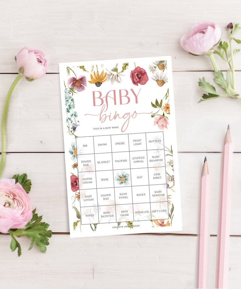 May include: A floral-themed baby bingo card with a pink and white color scheme. The card features a grid of squares with various baby-related items listed in each square, such as a swing, onesie, night light, bottles, diaper pail, blanket, pacifier, stuffed animal, baby shampoo, diaper cream, book, hat, crib sheet, baby lotion, diaper bag, bath towel, socks, baby monitor, wipes, baby bathtub, high chair, stroller, and gift card. The card is perfect for a baby shower or other baby-related event.