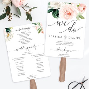 Plantilla de abanico para programa de boda, abanico editable, programas de boda imprimibles, abanico de boda para invitados, flores ruborizadas, acuarela floral imagen 3