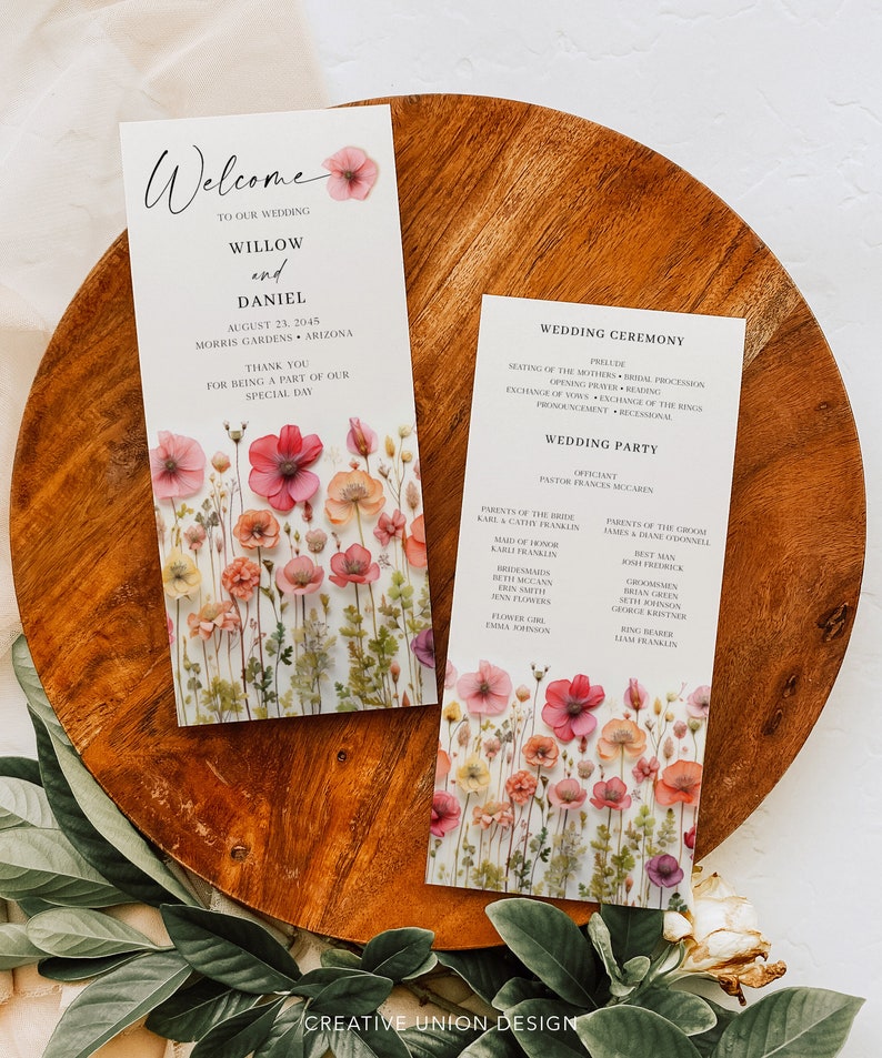 Wildflower Wedding Programs Template, Printable Wedding Program, 4x9 ...