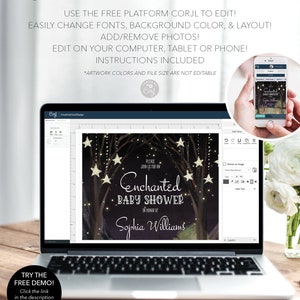 May include: A laptop screen displaying a baby shower invitation template with a dark forest background, twinkling lights, and stars. The text on the invitation reads "Please join us for an Enchanted Baby Shower in honor of Sophia Williams".