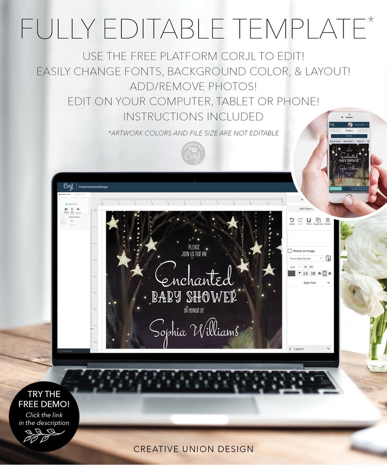 May include: A laptop screen displaying a baby shower invitation template with a dark forest background, twinkling lights, and stars. The text on the invitation reads "Please join us for an Enchanted Baby Shower in honor of Sophia Williams".
