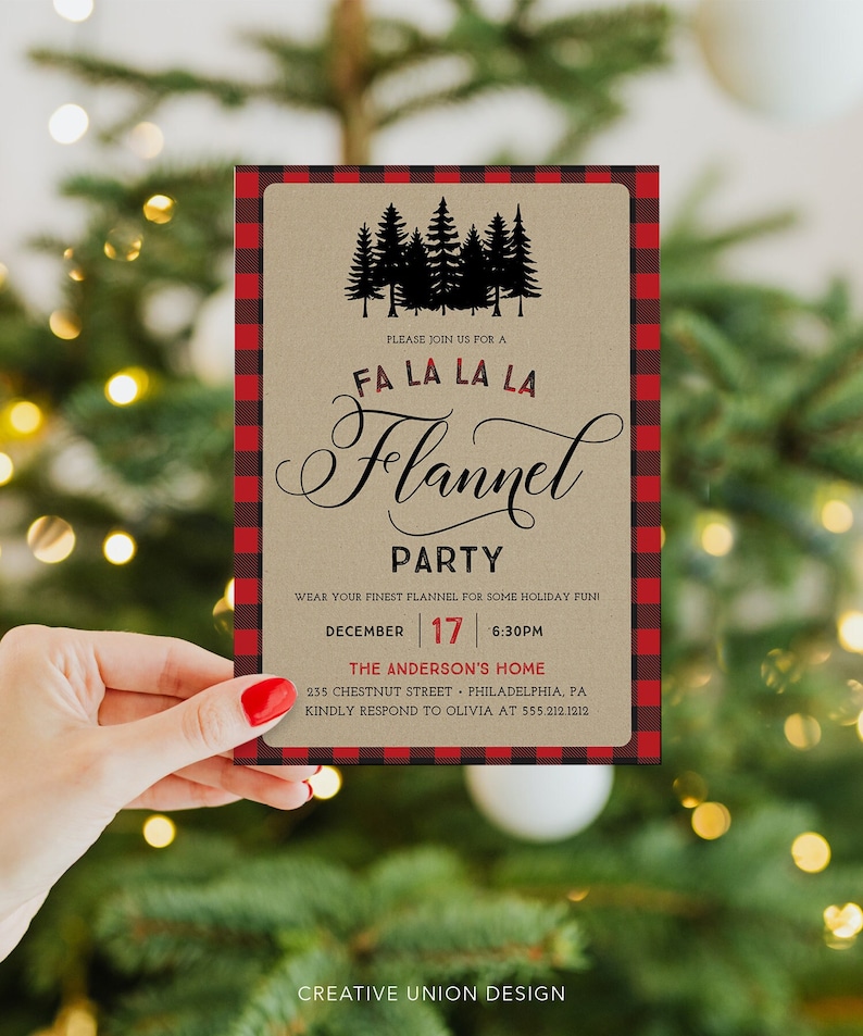 May include: A holiday party invitation with a kraft paper background and a red and black plaid border. The invitation features the text "Fa La La La Flannel Party" with a silhouette of pine trees. The date is December 17th.