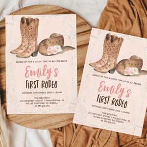 May include: Pink and brown invitation with a watercolor illustration of cowboy boots and a hat. The text reads "Saddle up for a good time as we celebrate Emily's First Rodeo. Saturday, September 23rd - 2:00pm. The Westerly 23 Chestnut Street Philadelphia, PA. Please respond to Jessica at 555.212.1212."