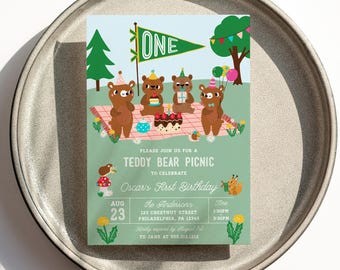 Teddy Bear Picnic Birthday Party Invitation Template, Birthday Invite, 1st Birthday Boy, Bear Birthday, First Birthday, Birthday Party Girl