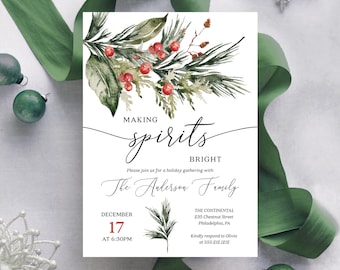 Inbjudan till julfest med ljusa andar, inbjudningar till julfest, elegant julfest, grönska och tall, direktnedladdning