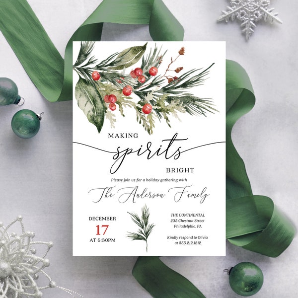 Making Spirits Bright Holiday Party Invitation, Christmas Party Invites, Elegant Christmas Party, Greenery Pine, Instant Download