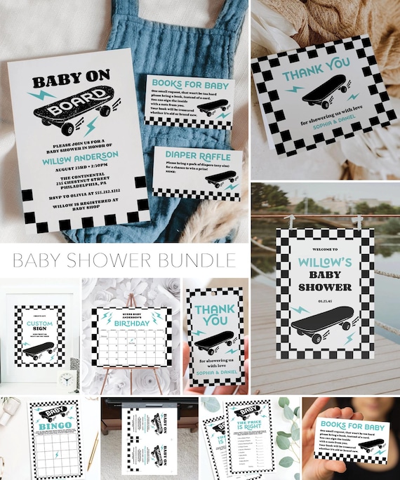 Baby On Board Baby Shower Bundle Boy Baby Shower Invite Baby Shower Sign Baby Shower Decor Baby Boy Shower Skateboard Blue Baby Shower Games