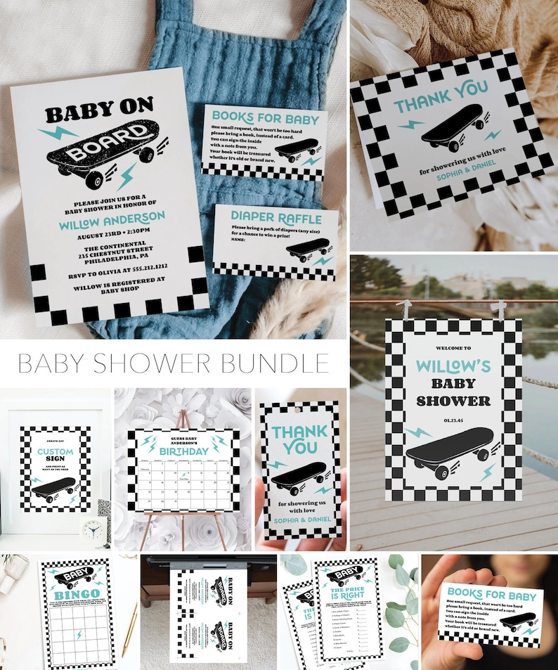 May include: A baby shower bundle with a black and white chequered background and blue accents. The bundle includes a welcome sign, a thank you card, a custom sign, a birthday calendar, a baby bingo card, a baby on board game, a baby price is right game, and a books for baby card.