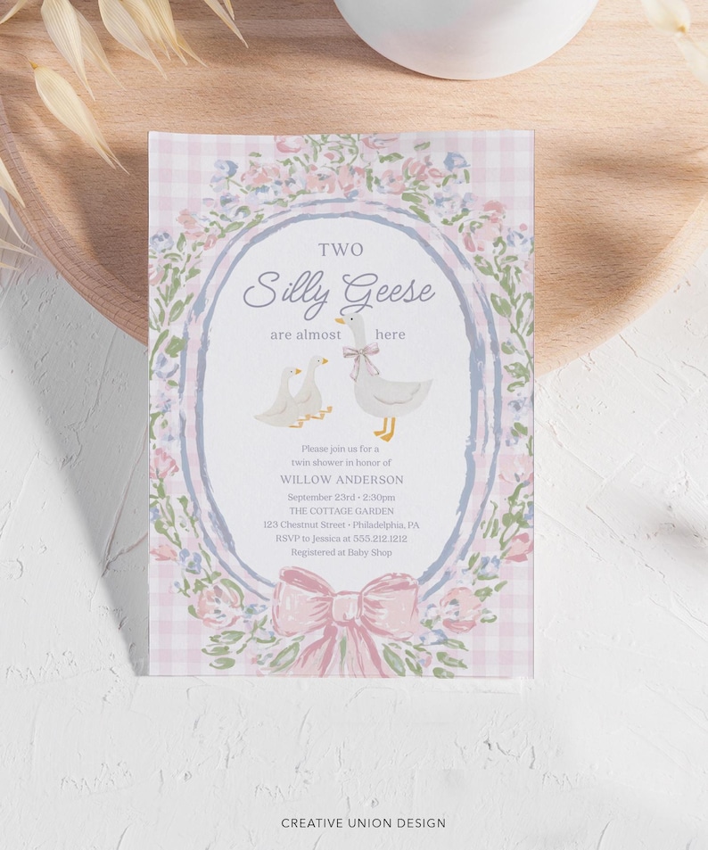 Cottagecore Silly Goose Twin Baby Shower Invitation Editable Template ...
