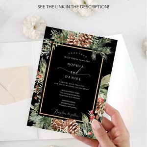 May include: A wedding invitation with a black background and gold frame, featuring the names Sophia and Daniel. The invitation includes watercolor pinecones, greenery, and the text "Need help with printing? See the link in the description!"