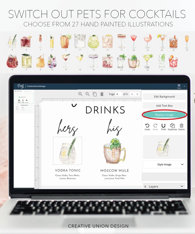 Mall för signaturmocktails, drinkskylt, utskrivbar signaturcocktailskylt, hans och hennes drinkskylt, drinkskylt, barmeny, modern minimalistisk bild 6