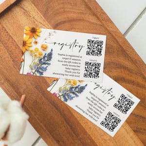 Modèle de carte de registre baby shower, code QR, cadeaux pour bébé, fleurs pressées, insert de carte, baby shower, fleurs sauvages, registre de naissance