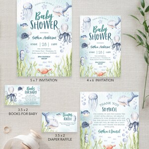 May include: A set of printable baby shower invitations and thank you cards with an under the sea theme. The invitations are blue and green with illustrations of an octopus, whale, jellyfish, and seahorse. The thank you card is blue and green with illustrations of an octopus, whale, jellyfish, and seahorse. The text on the invitations reads "Please join us for a Baby Shower honouring Sophia Anderson" and the text on the thank you card reads "Thank you so much for joining us and for making this event extra special. We greatly appreciate your generous gift and the time we had to spend with you. Your gift will be used on a daily basis. We can't thank you enough with love, Sophia & David."