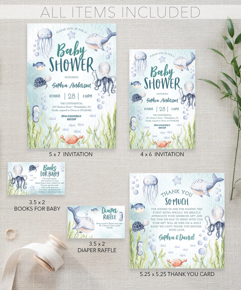 May include: A set of printable baby shower invitations and thank you cards with an under the sea theme. The invitations are blue and green with illustrations of an octopus, whale, jellyfish, and seahorse. The thank you card is blue and green with illustrations of an octopus, whale, jellyfish, and seahorse. The text on the invitations reads "Please join us for a Baby Shower honouring Sophia Anderson" and the text on the thank you card reads "Thank you so much for joining us and for making this event extra special. We greatly appreciate your generous gift and the time we had to spend with you. Your gift will be used on a daily basis. We can't thank you enough with love, Sophia & David."