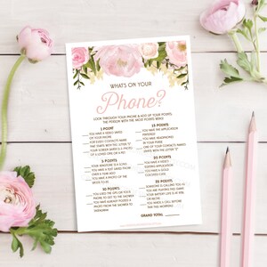 What's On Your Phone Bridal Shower Game Pink Peony Printable Shower Games Baby Shower Game Instant Download Phone Game image 1