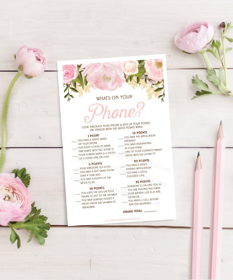 What's On Your Phone Bridal Shower Game Pink Peony Printable Shower Games Baby Shower Game Instant Download Phone Game image 1