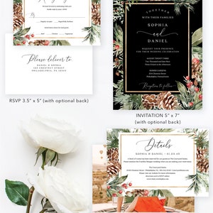 May include: A set of wedding stationery, including a black invitation with gold borders, an RSVP card, and a details card. The designs incorporate pine cones, foliage, and text. The invitation measures 12.7 x 17.8 cm.