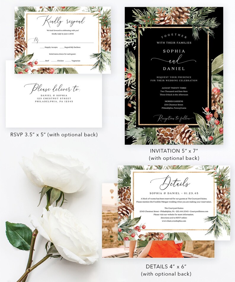 May include: A set of wedding stationery, including a black invitation with gold borders, an RSVP card, and a details card. The designs incorporate pine cones, foliage, and text. The invitation measures 12.7 x 17.8 cm.