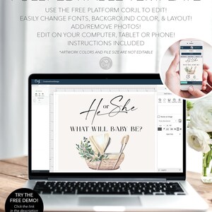May include: A digital template displayed on a laptop screen featuring the text He or She WHAT WILL BABY BE? above a watercolor illustration of a wicker baby bassinet with greenery. The interface shows editing tools and a mobile preview.