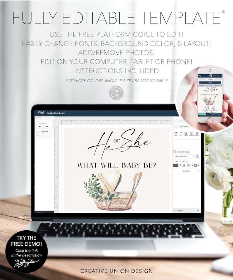 May include: A digital template displayed on a laptop screen featuring the text He or She WHAT WILL BABY BE? above a watercolor illustration of a wicker baby bassinet with greenery. The interface shows editing tools and a mobile preview.