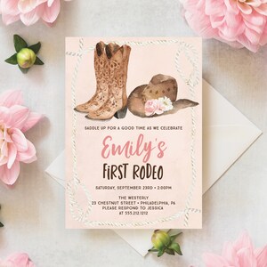 May include: A pink and brown invitation with a watercolor illustration of a cowboy hat and boots. The text reads "Saddle up for a good time as we celebrate Emily's First Rodeo. Saturday, September 23rd, 2:00pm. The Westerly, 23 Chestnut Street, Philadelphia, PA. Please respond to Jessica at 555.212.1212. Creative Union Design."