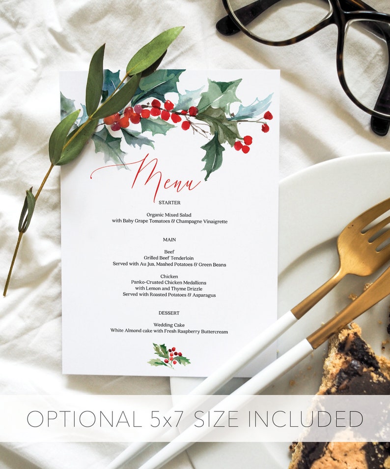 Christmas Menu Holiday Menu Printable Menu Rustic Christmas Table Decor Winter Wedding Menus Instant Download Holly image 4