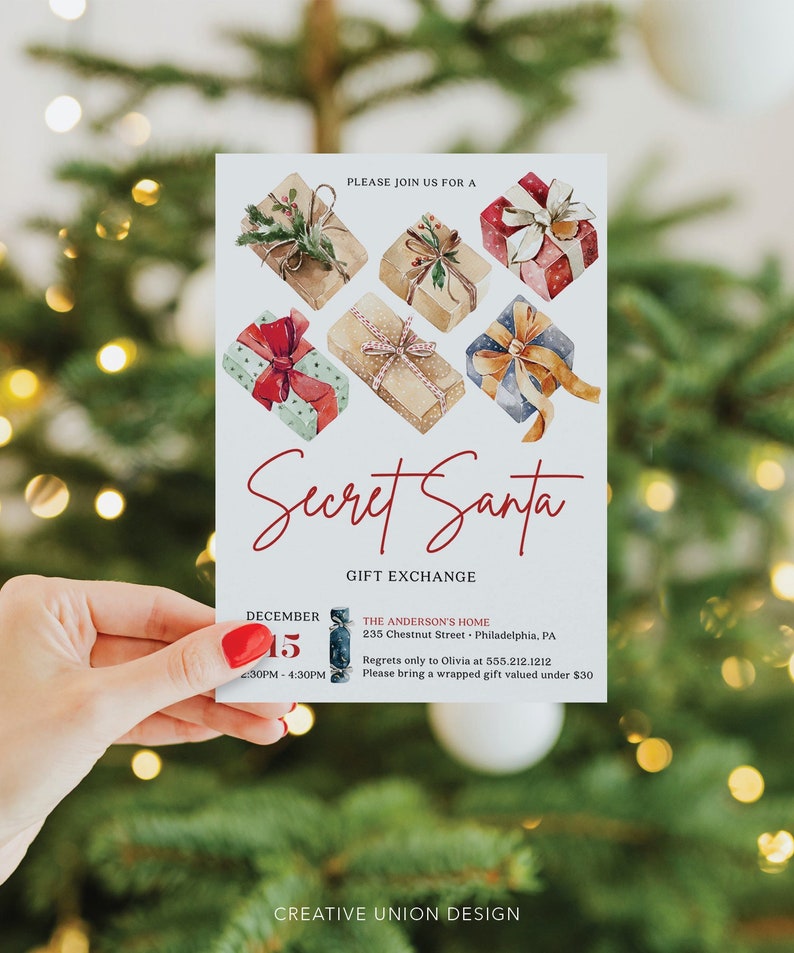 May include: A rectangular Secret Santa gift exchange invitation card featuring watercolor illustrations of six wrapped presents with ribbons. The text includes event details, a date of December 15, a location at 235 Chestnut Street, Philadelphia, PA, and a $30 gift limit.