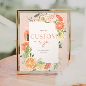 Aangepaste bordsjabloon tropische citrus, bewerkbaar bord vrijgezellenfeest, gunsten, geschenken en kaarten, afdrukbare tafelborden, citroen, sinaasappel, fruit