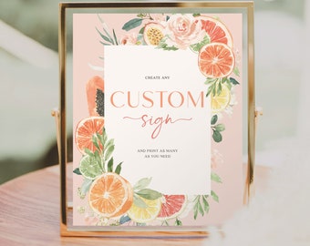 Tropical Citrus Custom Sign Template, Editable Bridal Shower Sign, Favors, Gifts and Cards, Printable Table Signs, Lemon, Orange, Fruit