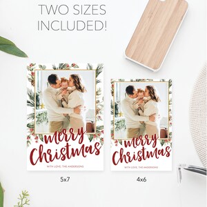 May include: Christmas photo cards with a family portrait, framed by festive greenery and berries. The cards are available in 5x7 and 4x6 inch sizes. The text "merry Christmas" is written in a festive script, with the family name below.