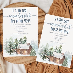 May include: Invitation to a winter wonderland party at The Big Mountain Ski Resort on December 17th at 2:00pm. The invitation features a watercolor illustration of a cozy cabin in a snowy forest.