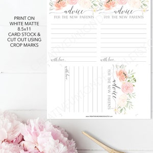 Peut inclure: Cartes d'advice imprimables pour les nouveaux parents avec un motif floral compos&eacute; de fleurs roses et blanches. Les cartes mesurent 8,5 pouces sur 11 pouces et sont con&ccedil;ues pour &ecirc;tre imprim&eacute;es sur du papier cartonn&eacute; blanc mat.