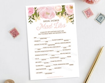 Bridal Shower Mad Libs - Bridal Shower Game - Wedding Shower - Pink Peony - Print at Home - Instant Download