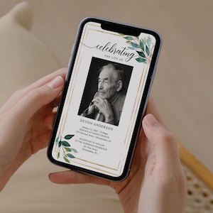 May include: A digital memorial card with a gold frame and green foliage. The card features a black and white photo of a man and text that reads "celebrating the life of Devon Anderson". The card includes details for a service at Hain's Church on January 23, 2045 at 12:00pm, followed by a reception at the Anderson Residence.