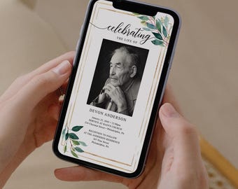 May include: A digital memorial card with a gold frame and green foliage. The card features a black and white photo of a man and text that reads "celebrating the life of Devon Anderson". The card includes details for a service at Hain's Church on January 23, 2045 at 12:00pm, followed by a reception at the Anderson Residence.