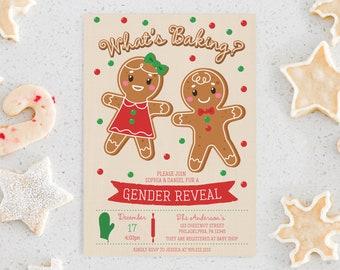 What's Baking Gender Reveal Invitation Template, Printable Baby Shower Invite, Editable Christmas Gingerbread, Boy or Girl, Instant Download