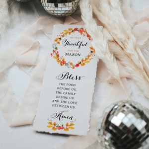 May include: A Thanksgiving themed printable card with a fall leaf wreath and the text "So very Thankful for you Mason Bless the food before us. The family beside us. And the love between us. Amen."