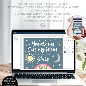 May include: A digital design template for a baby shower invitation. The design features a blue background with a yellow sun, a white crescent moon, and gold stars. The text reads "You are my Sun, my Moon, and all of my Stars. Please join us for a Baby Shower."