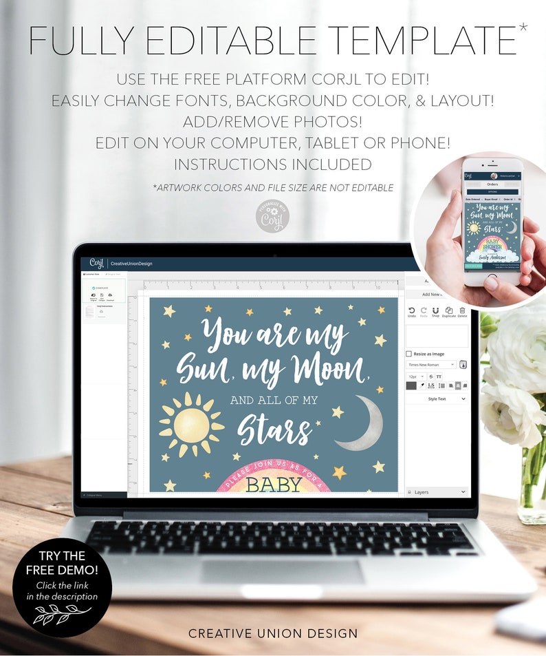 May include: A digital design template for a baby shower invitation. The design features a blue background with a yellow sun, a white crescent moon, and gold stars. The text reads "You are my Sun, my Moon, and all of my Stars. Please join us for a Baby Shower."