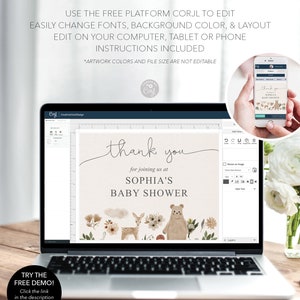 Op de afbeelding: Bewerkbare sjabloon voor een bedankkaart voor een babyshower met een bosmotief. De kaart heeft een bruine beer, een hert en bloemen op een lichtbeige achtergrond. De tekst luidt "Bedankt voor het deelnemen aan Sophia's babyshower".