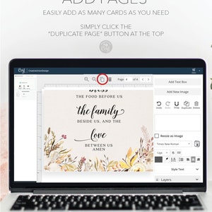 May include: A laptop screen displays a design interface with the text "ADD PAGES" and instructions. The screen shows a card design with floral elements and the words "the family" and "love". The laptop is open on a light-colored surface.