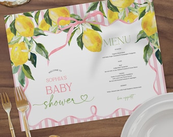 Modelo de Jogo Americano Rosa Cítrico para Imprimir - Cardápio de Jantar - Cardápio para Chá de Bebê - Baixe o Jogo Americano para Chá de Bebê - Listras Preppy