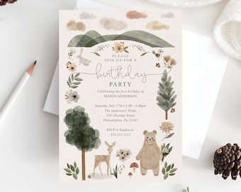 Boho Woodland Birthday Party Invitation Template, Birthday Invite, Printable, Editable Birthday Party Invite for Kids, For Him, For Her