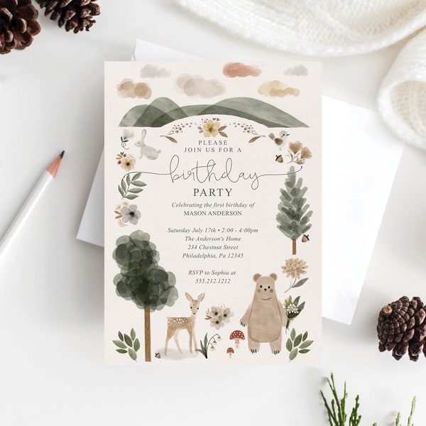 Boho Woodland Birthday Party Invitation Template, Birthday Invite, Printable, Editable Birthday Party Invite for Kids, For Him, For Her