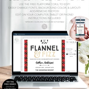K&ouml;nnte beinhalten: Ein Laptop zeigt eine Vorlage f&uuml;r eine Junggesellinnenabschiedseinladung mit dem Text "Flannel & Fizz". Das Design hat einen rot-schwarz karierten Rand und enth&auml;lt den Namen "Sophia Anderson" und "The Mountain Resort".